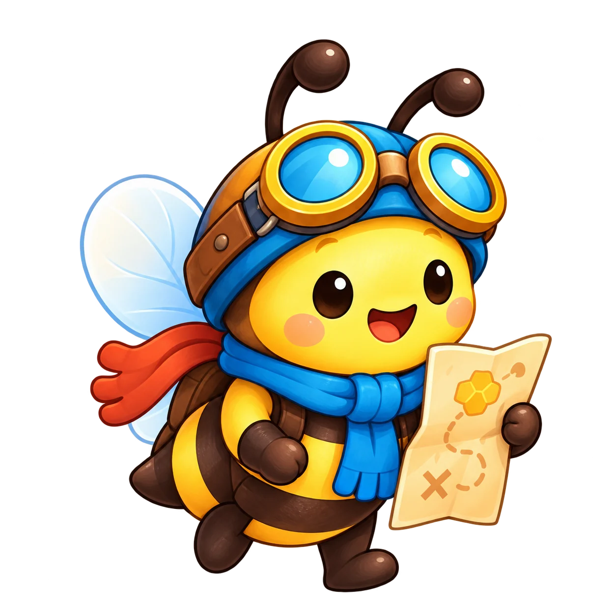 A cheerful scout bee holding a trail map