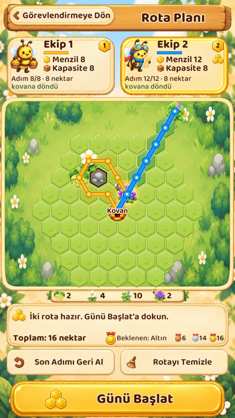 Çayır üzerinde iki renkli rotanın yer aldığı Petek Patikaları rota planlama ekranı
